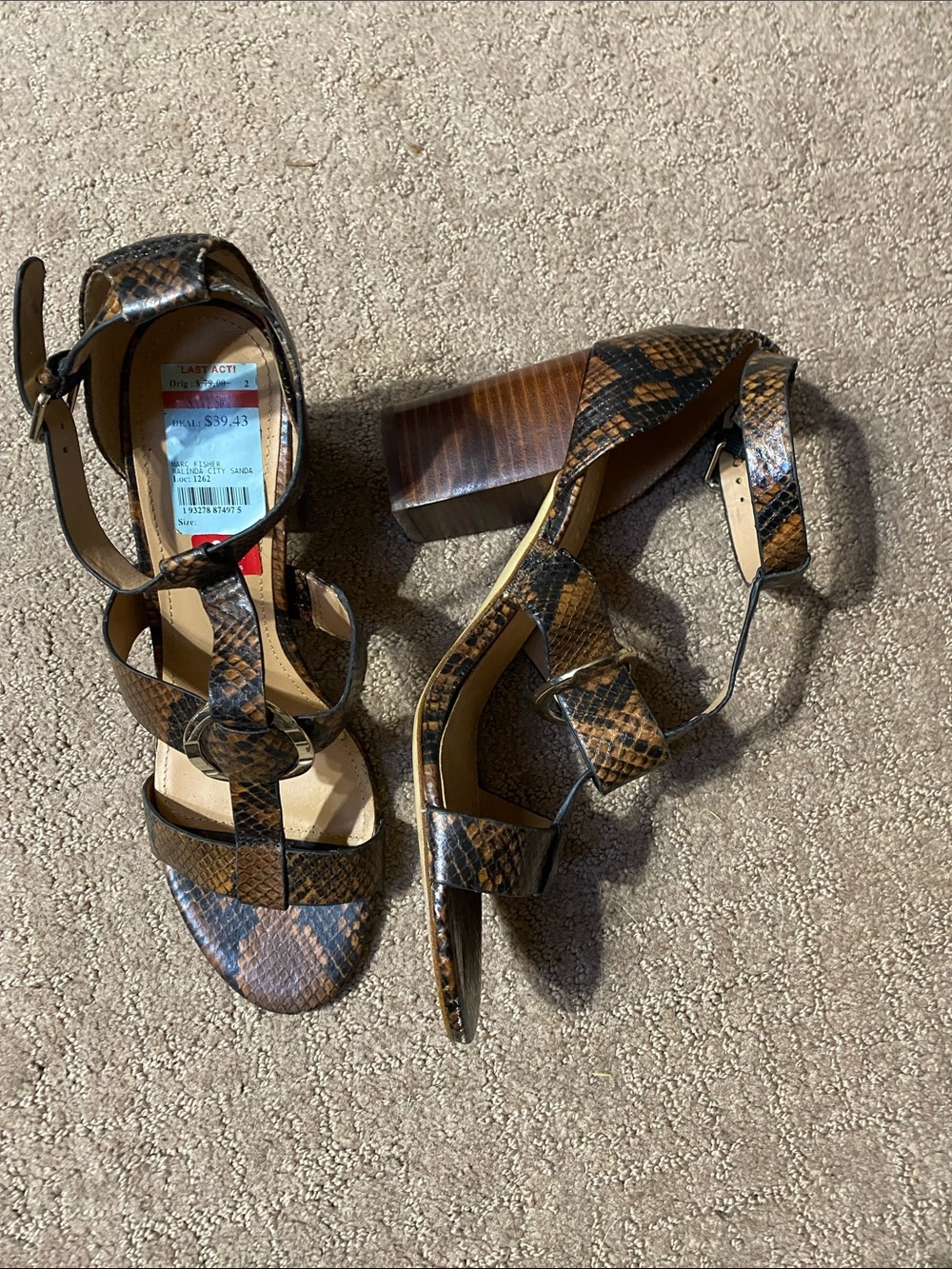 Marc Fisher Brown Snake-Print Block Heel Sandals 9.5M Summer Wedding Guest